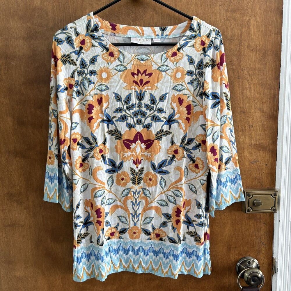 Flower Pattern Belle Boho Boat Neck 3/4 Sleeve Top Tunic Vacation Beach Women XS